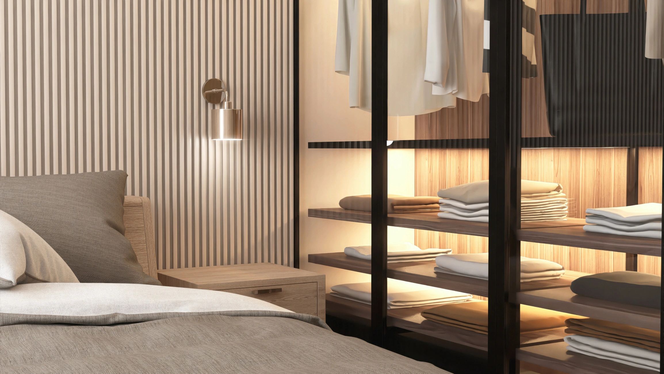 Fitted wardrobe in a bright modern bedroom