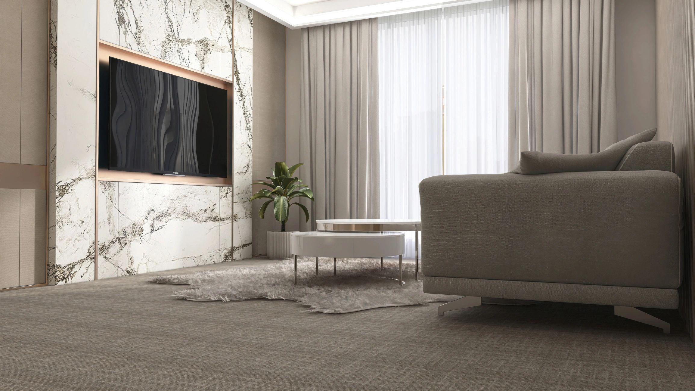 Modern, luxury living room with beige sofa, coffee table on carpet floor, television on marble wall in sunlight from white sheer, blackout curtain for interior design decoration, product background 3D